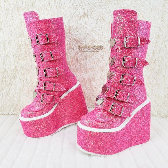 Swing Pink Cyber Punk Platform Glitter Heart Plate Boots - Picture 1 of 15